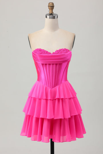 Fuchsia Strapless Corset Tiered A Line Short Prom Dress